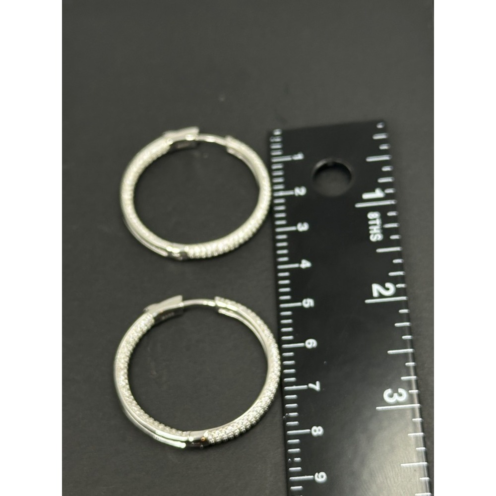 Sterling Silver 925 Inside Out CZ Hoop Earrings Pave Cubic Zirconia 1.5 Inch - Picture 6 of 11